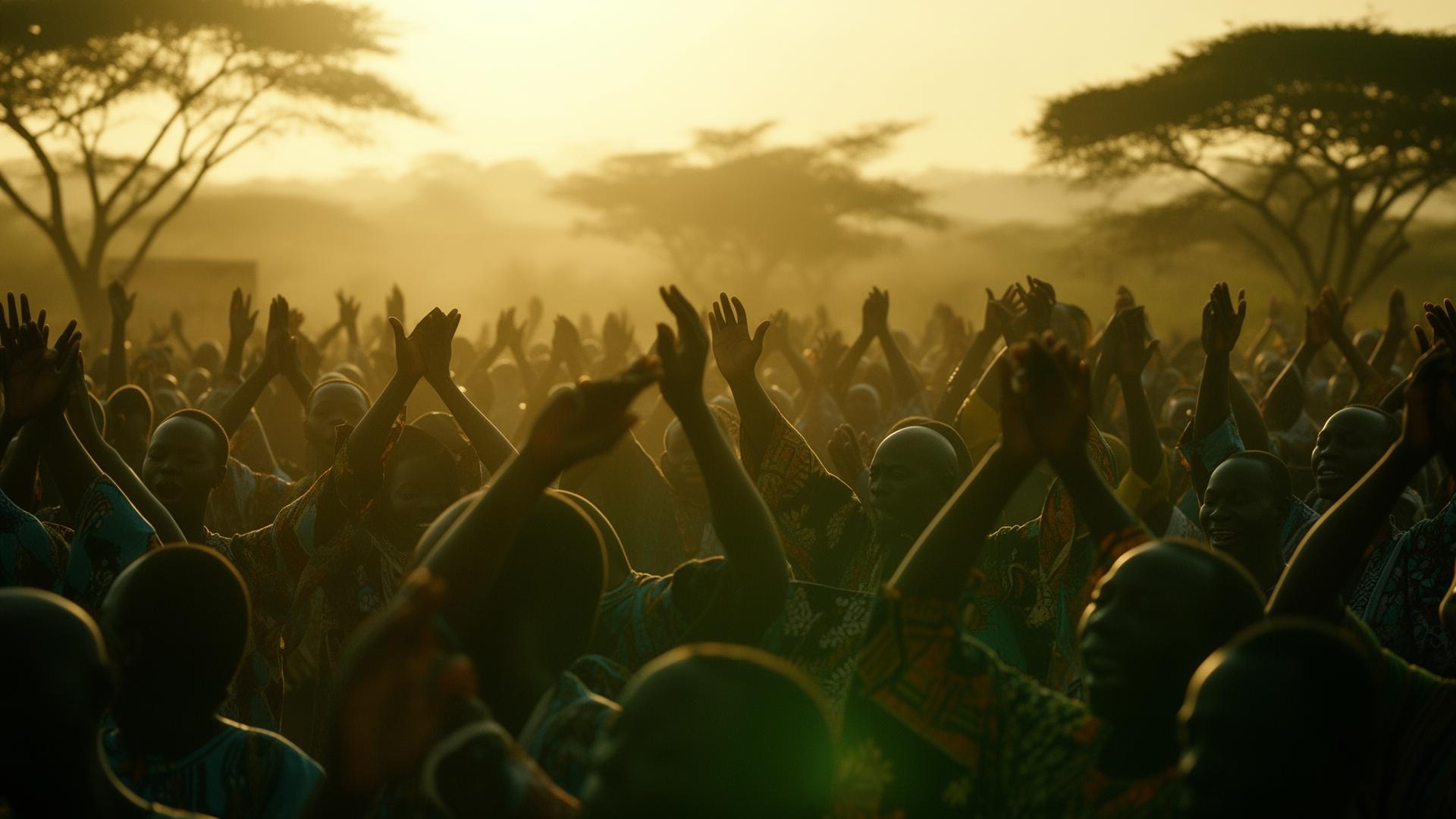 Foule en adoration au coucher du soleil